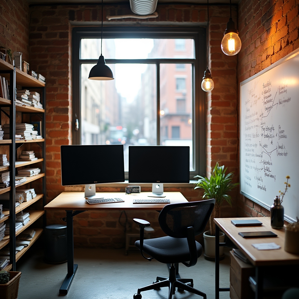Small editorial office workspace in Atlanta with research materials and multiple monitors
