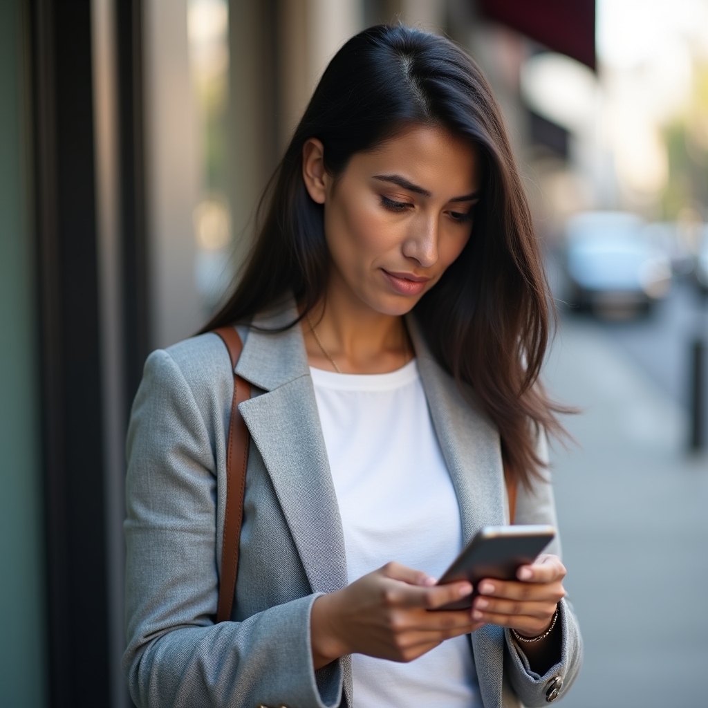 Person carefully reading business reviews on a smartphone before making a purchasing decision