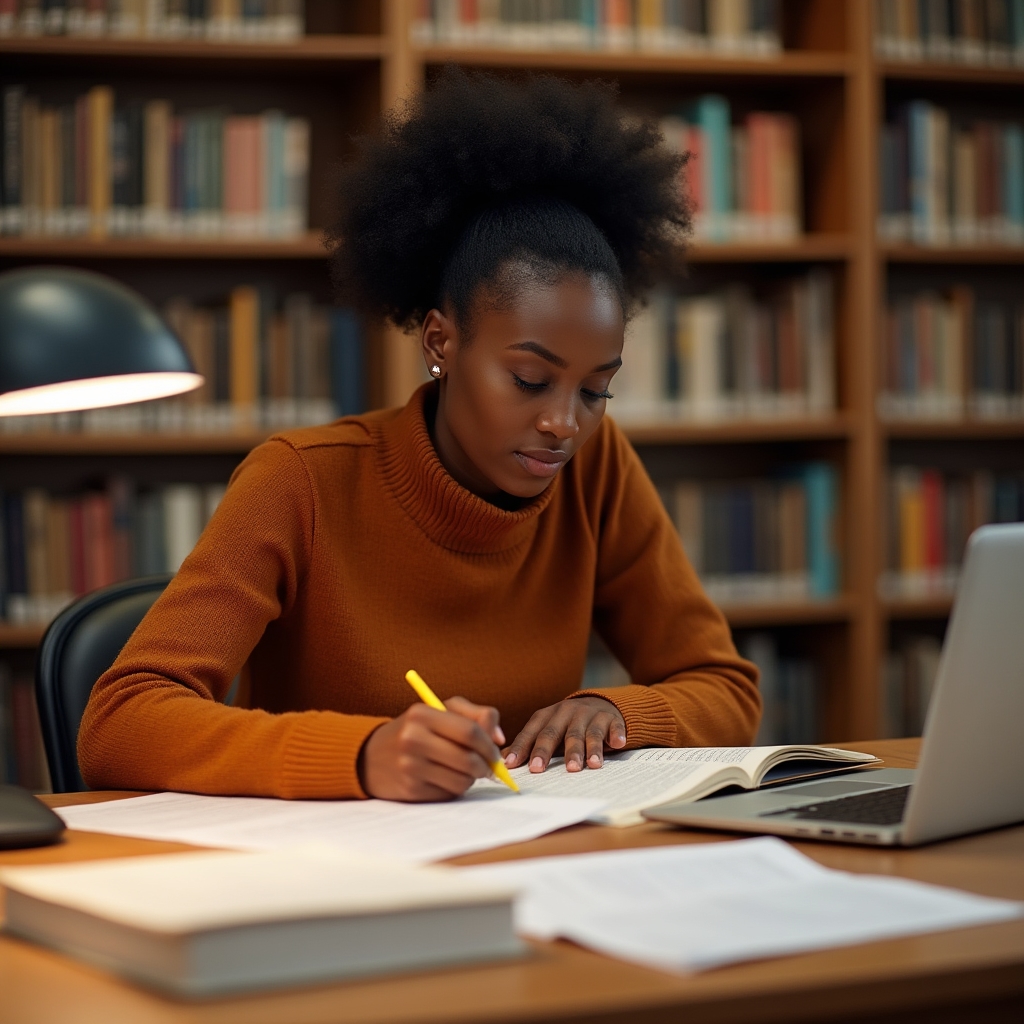 Editorial team member researching review platform documentation at a library desk