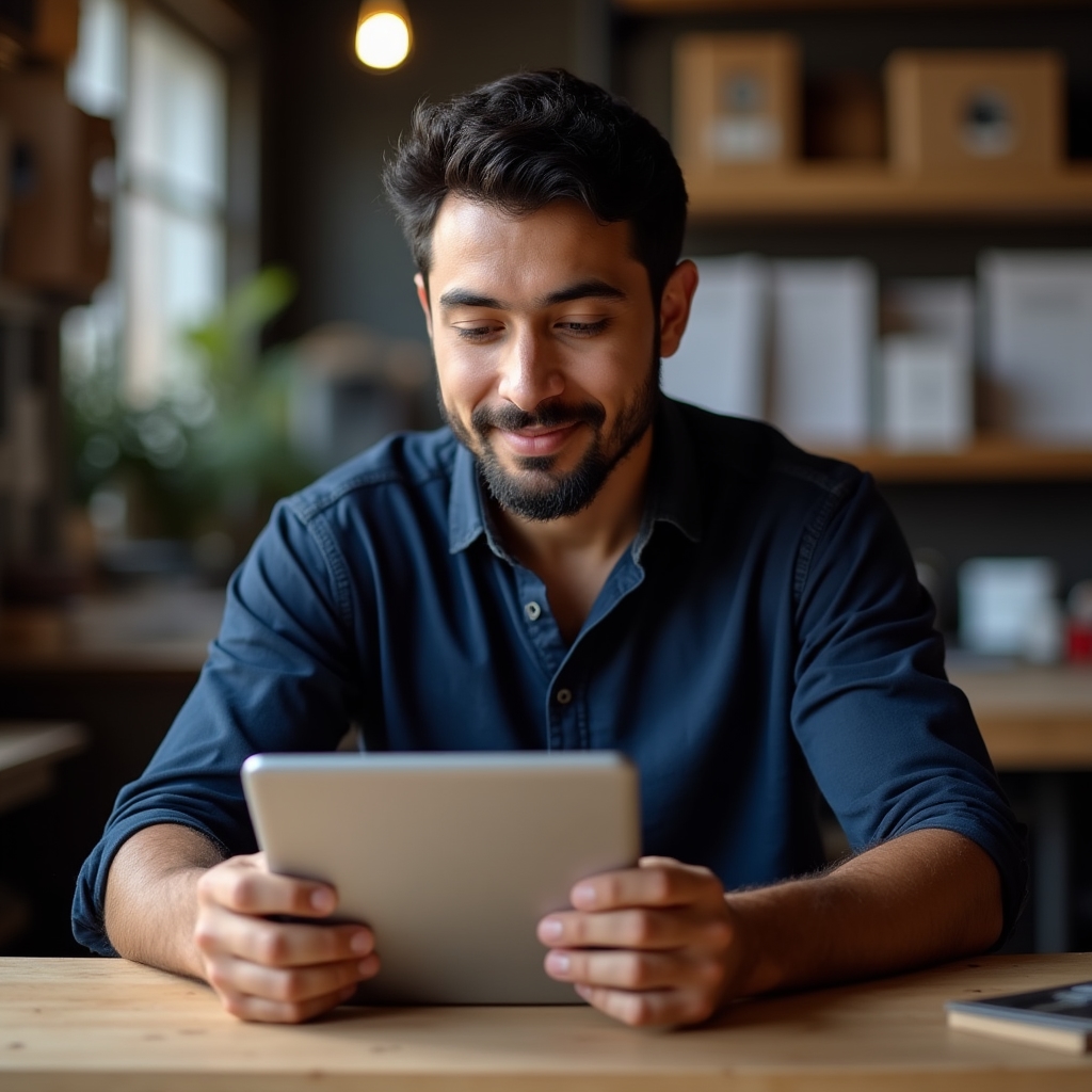Local business owner reviewing customer feedback on a tablet in their shop