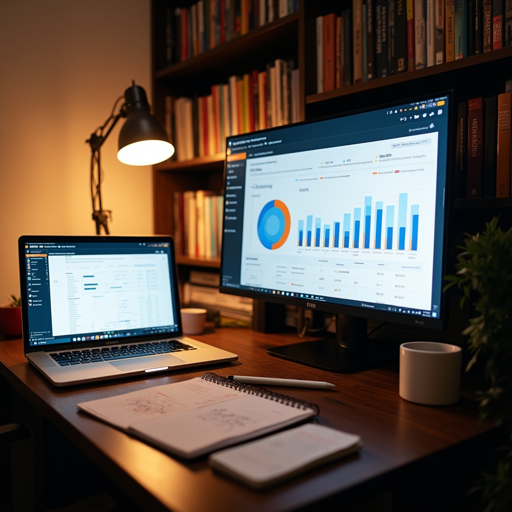 Workspace with laptop showing review monitoring dashboard and notepad with notes
